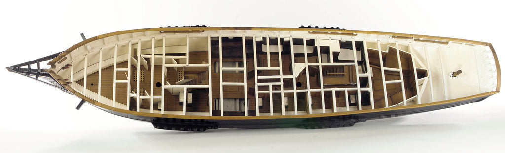 Detail of Accommodation model, yacht, overhead view of cabins by unknown