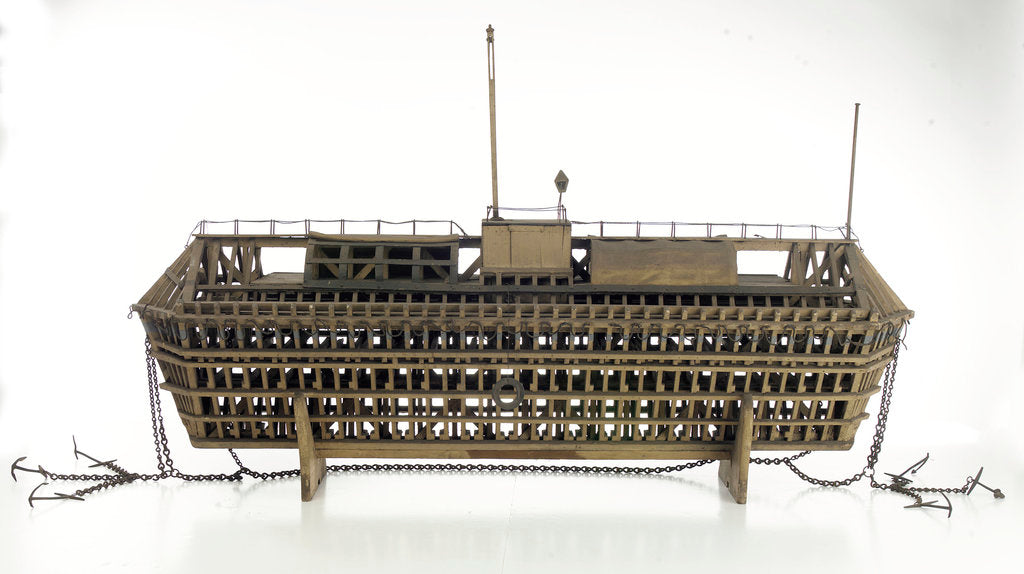 Detail of Design model, refuge asylum, broadside, with mooring chains by unknown