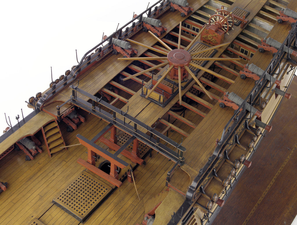 Detail of 'Amazon', deck detail, capstan, wheel and pumps by Unknown