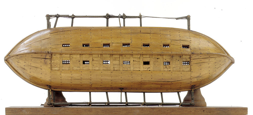 Detail of Full hull model, 16-oar outrigger lifeboat, underside by unknown