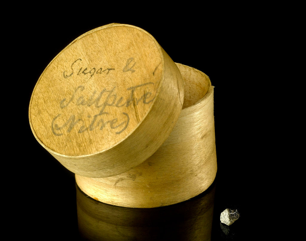 Detail of Pill box containing 'Sugar and Saltpetre (nitre)' by unknown