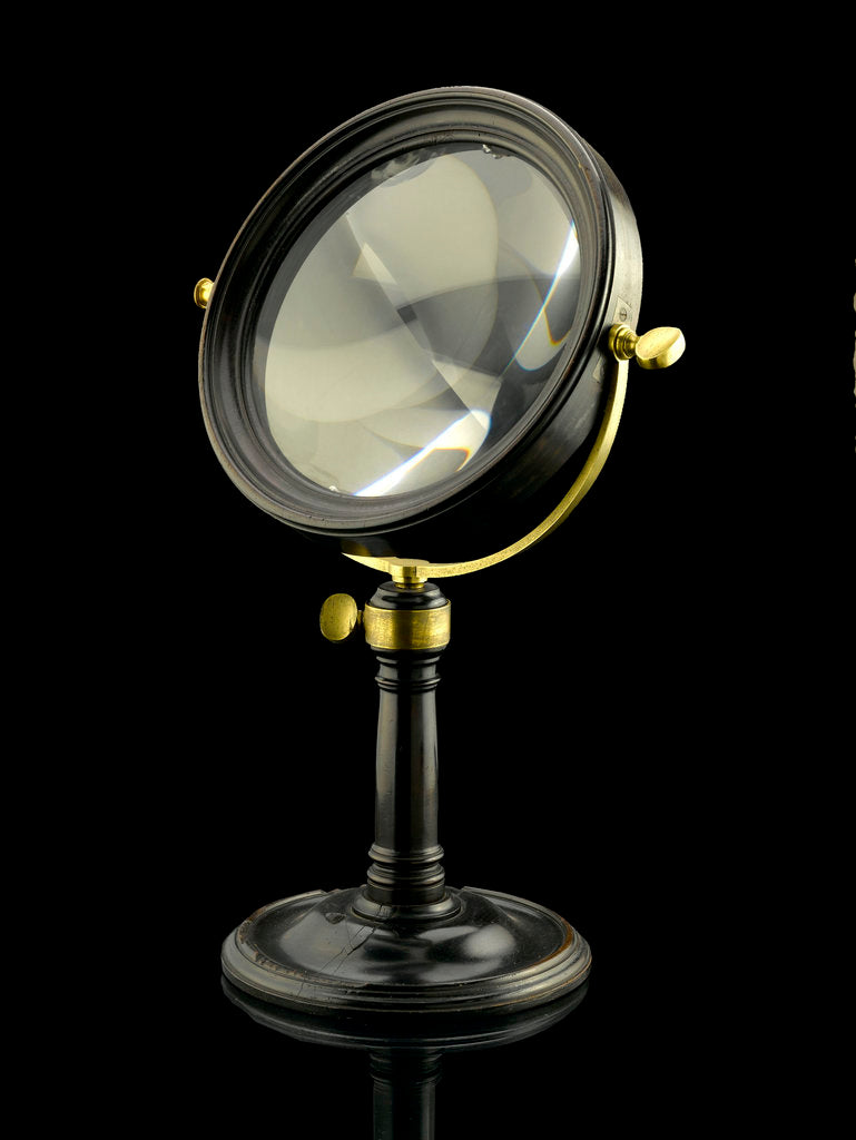 Detail of Achromatic convex burning lens by Dollond in a mahogany frame by Dollond