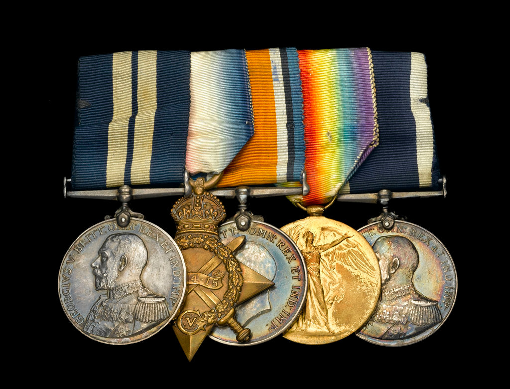 Detail of Medals awarded to Able Seaman Hubert Samuel Bevis DSM (obverse, l to r, MED1303-1307) by B. Mackennal