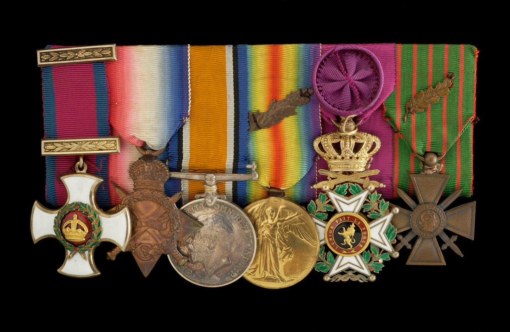 Detail of Medals on bar (obverse, left to right): Distinguished Service Order, 1914-15 Star; British War Medal 1914-1918; Victory Medal 1914-1918; Order of Leopold, 4th class (military); Croix de Guerre 1914-1918 by W. Wyon