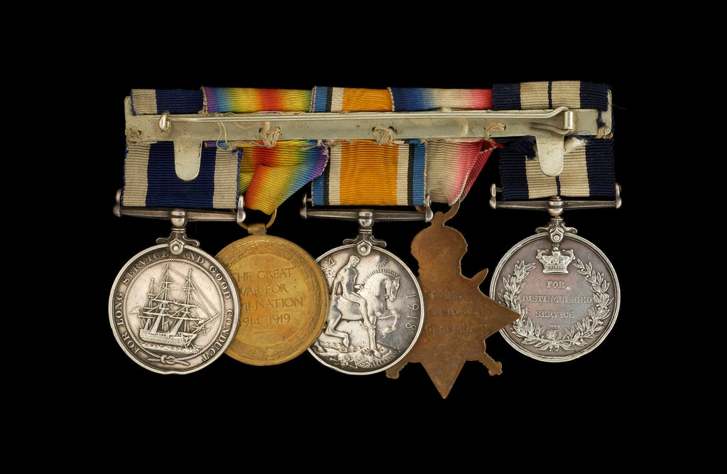 Detail of Medals awarded to Petty Officer Cecil Ernest Edgar Miles DSM (reverse, r to l, MED1393-1397) by B. Mackennal