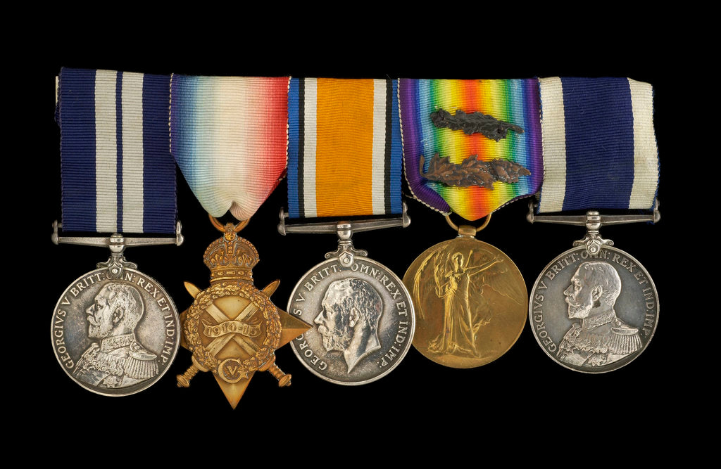 Detail of Medals awarded to Chief Petty Officer A. G. Clarke DSM (obverse, l to r, MED1095-1104) by B. Mackennal
