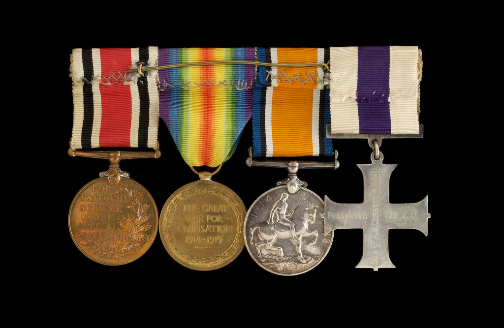 Detail of Medals awarded to Sub-Lieutenant Albert E. Dossett MC RNVR (reverse, r to l, MED1500-1503) by unknown