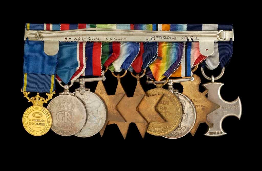 Detail of Medals awarded to Vice-Admiral Robert Don Oliver (reverse, r to l, MED2043-2052) by Garrard & Co.