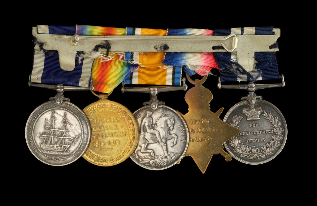 Detail of Medals awarded to Able Seaman R. J. Squires DSM (reverse, r to l, MED2591-2595) by B. Mackennal