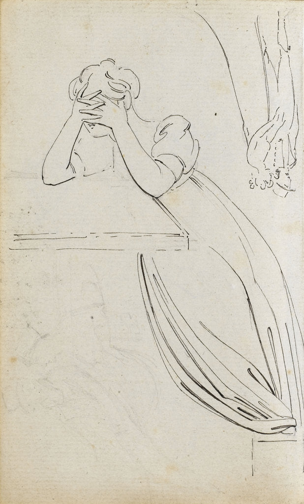 Detail of A woman kneeling at a table and a man and a woman walking, probably Horatio and Charlotte Nelson (verso) by Thomas Baxter