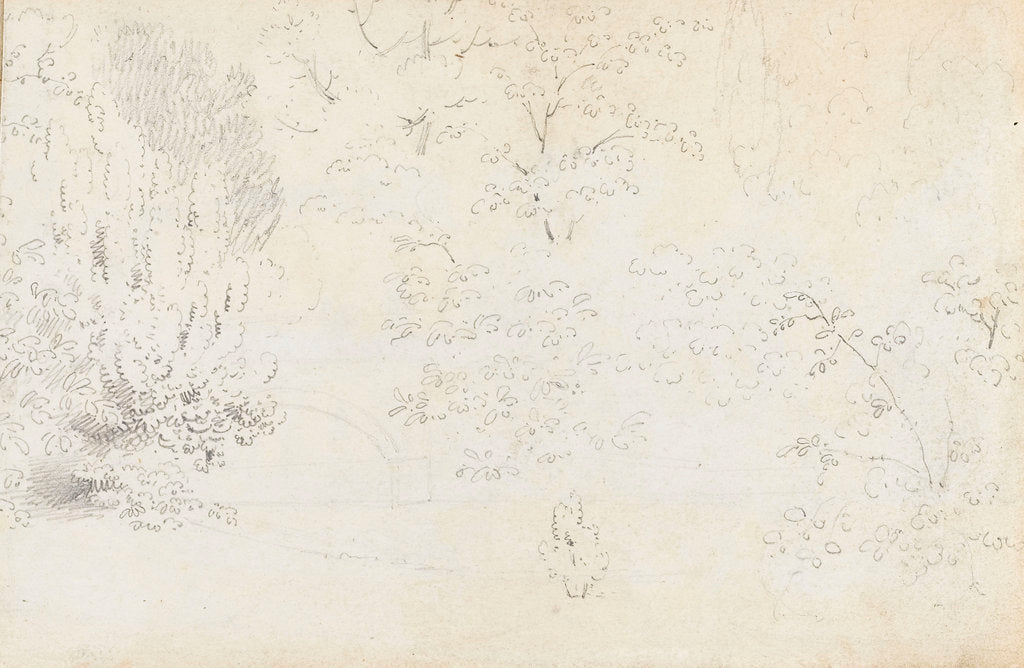 Detail of A study in graphite of the bridge and trees from the west (verso) by Thomas Baxter