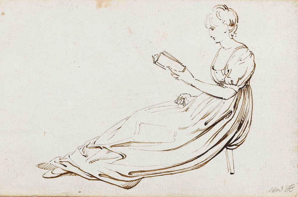 Detail of A young woman seated, reading by Thomas Baxter