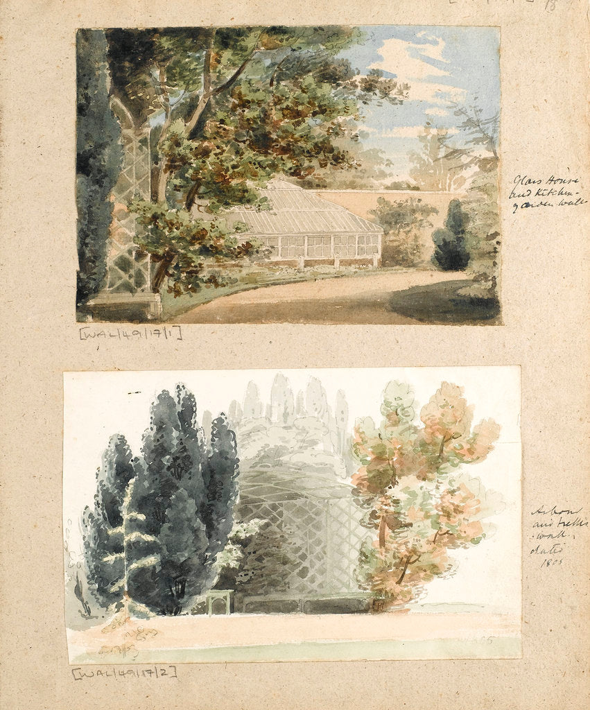Detail of The garden with a glass house at Merton Place by Thomas Baxter