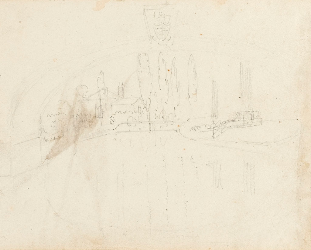 Detail of A view of the river seen through the bridge by Thomas Baxter