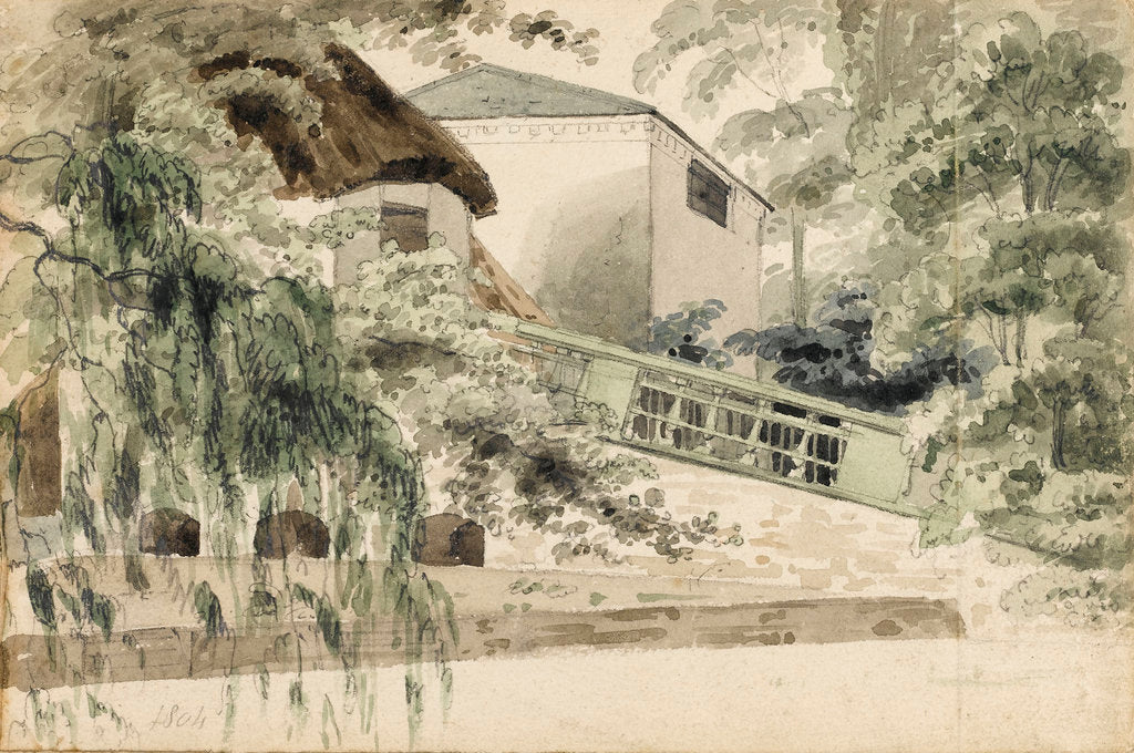 Detail of A sloping bridge near buildings by Thomas Baxter
