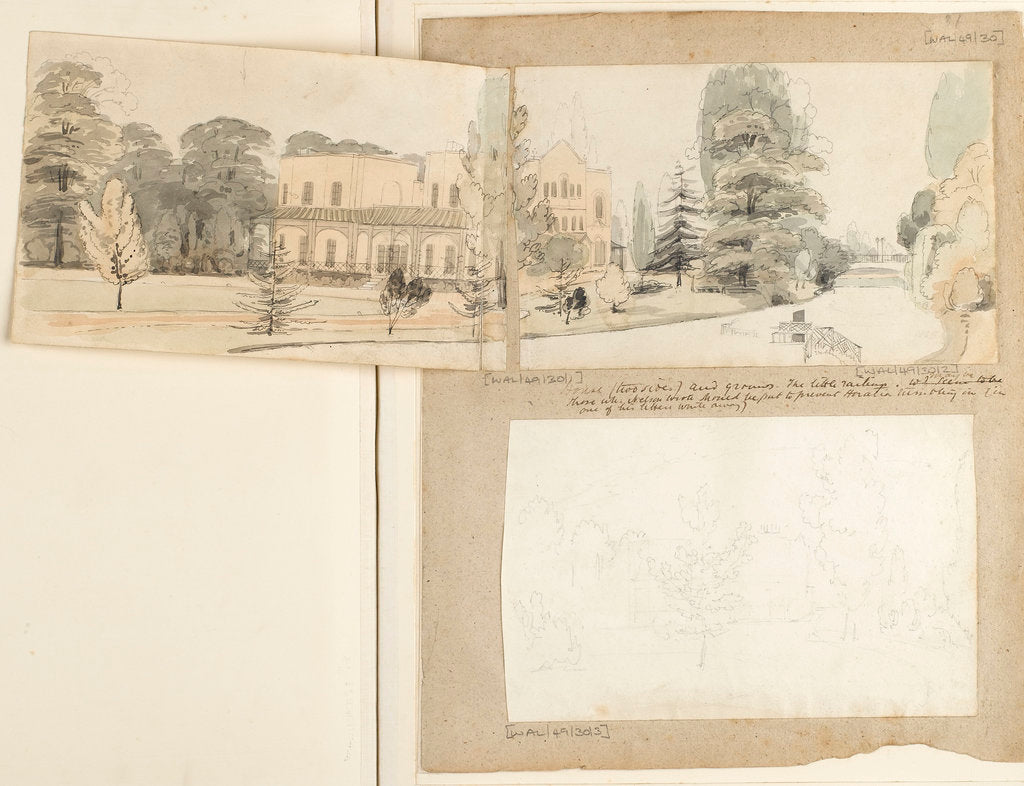 Detail of A panoramic view showing the east and north elevations of Merton Place by Thomas Baxter