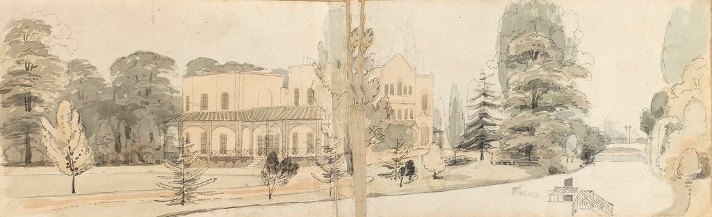 Detail of A panoramic view showing the east and north elevations of Merton Place (recto) by Thomas Baxter