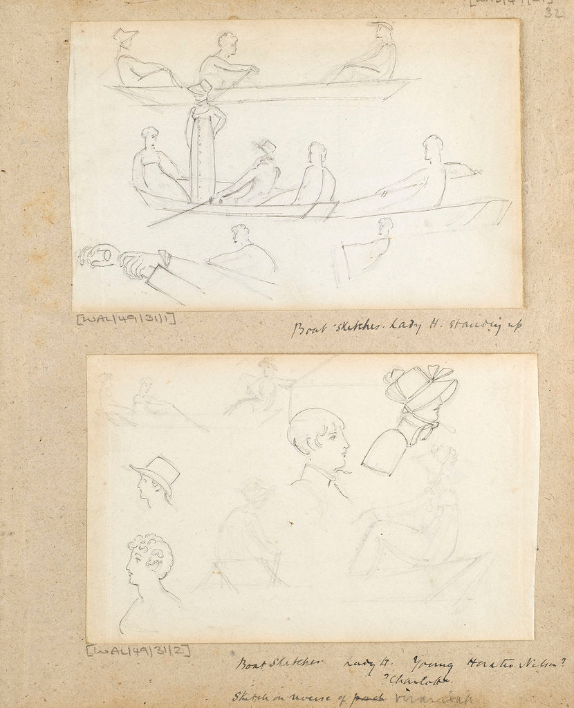 Detail of Studies of people in a rowing boat in the river at Merton Place by Thomas Baxter
