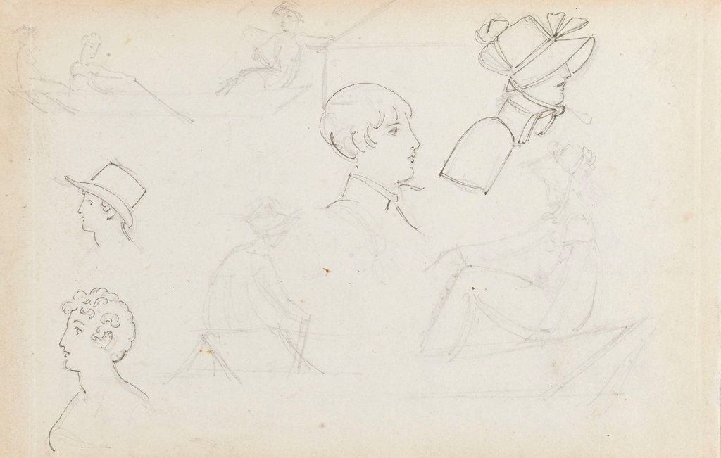 Detail of Studies of young women rowing and of heads in profile (recto) by Thomas Baxter