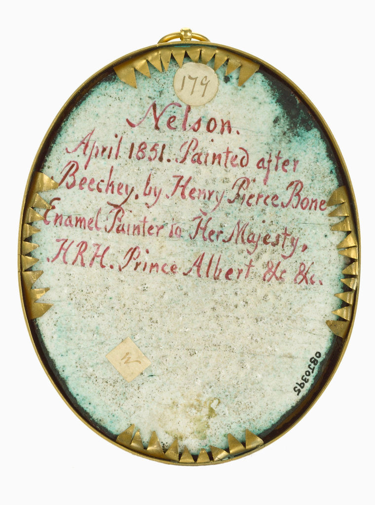 Detail of An enamel miniature depicting Vice-Admiral Horatio Nelson (1758-1805), in full-dress uniform, hatless and facing 3/4 right by Henry Pierce Bone