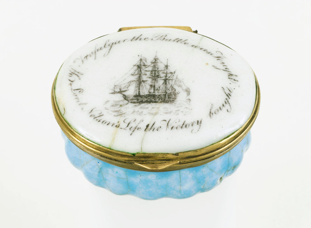 Detail of Oval patch box with a mirror inside the lid, commemorating Vice-Admiral Horatio Nelson (1758-1805) and the Battle of Trafalgar, 1805 by unknown