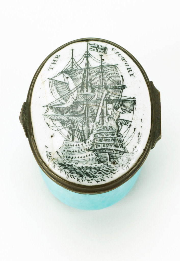 Detail of Oval patch box with a mirror inside the lid, commemorating HMS 'Victory' by unknown