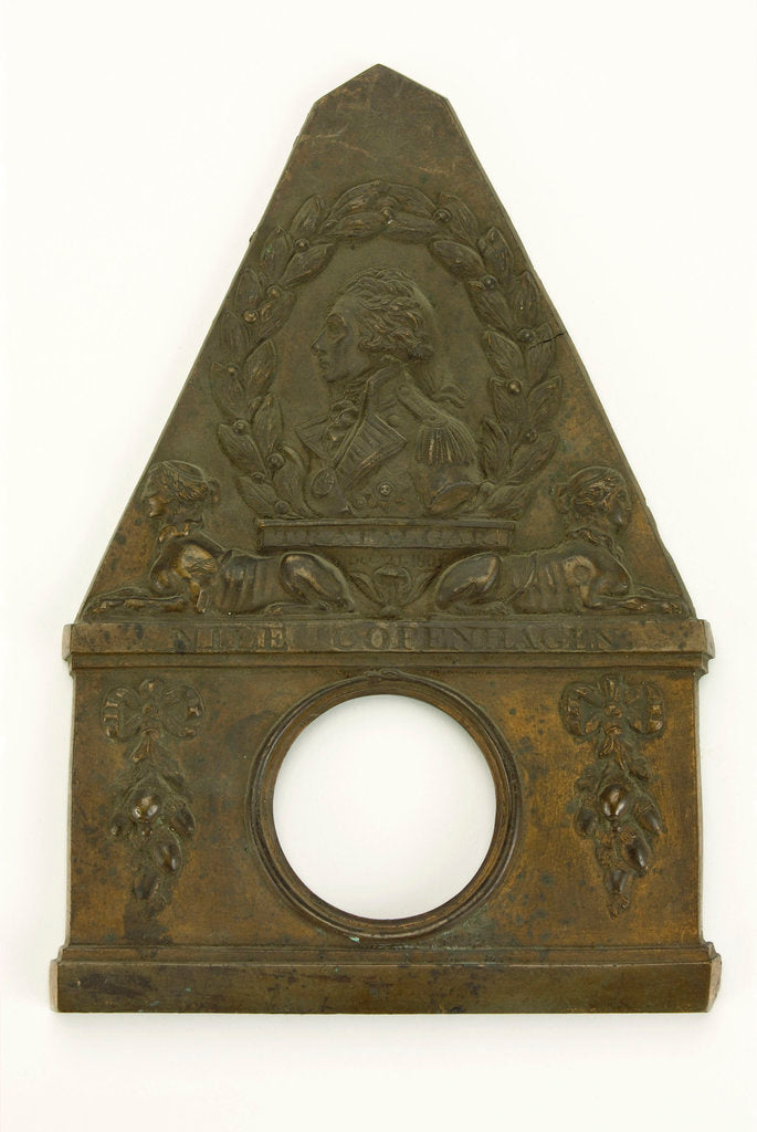 Detail of Brass watch stand in the form of a monument commemorating Vice-Admiral Horatio Nelson (1758-1805) and his victories at  the Nile, Copenhagen and Trafalgar by unknown