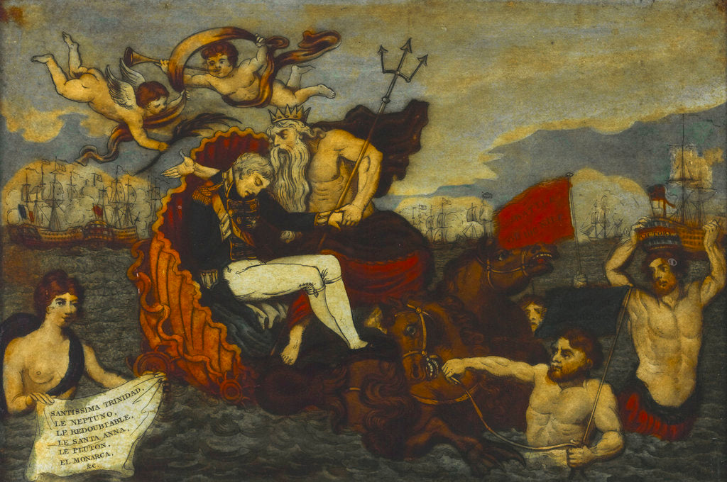 Detail of Neptune drawn by Sea Horses, and preceded by Tritons bearing Emblematic Devices supporting his favourite son Admiral Lord Nelson in his Last Moments' by Stampa & Son