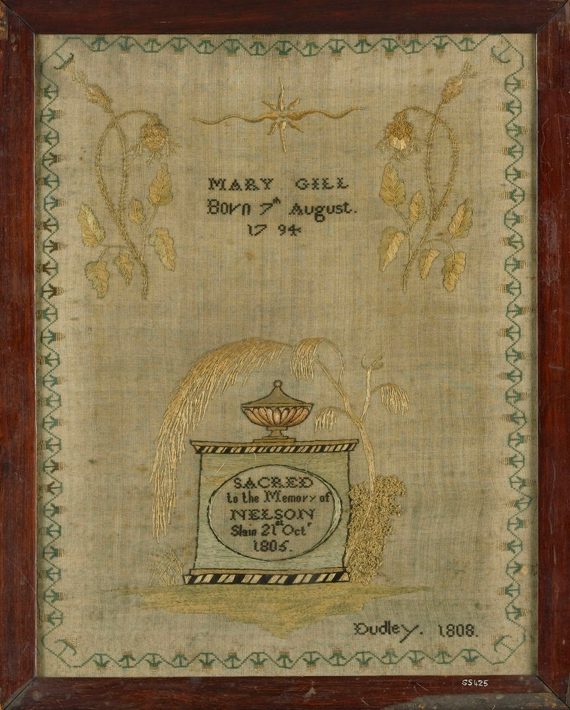 Detail of A mourning sampler framed in oak by Mary Gill