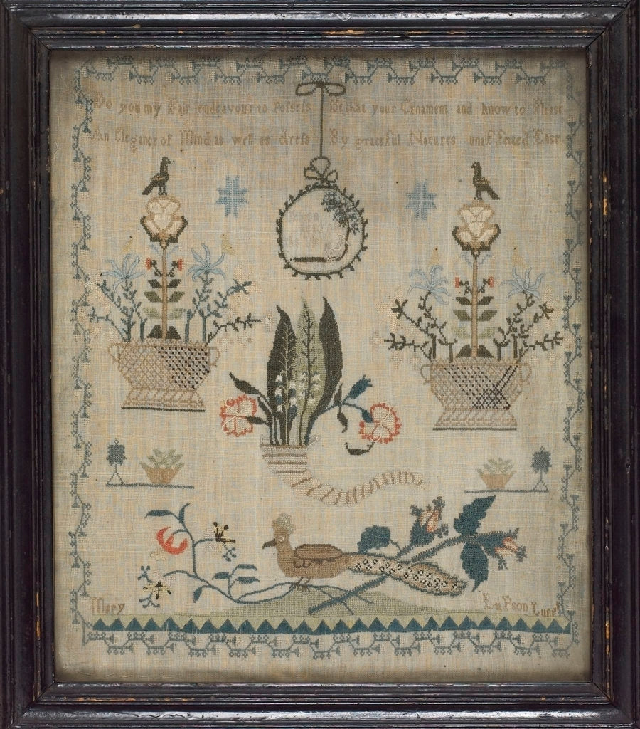 Detail of Framed and glazed linen sampler by Mary Lupson