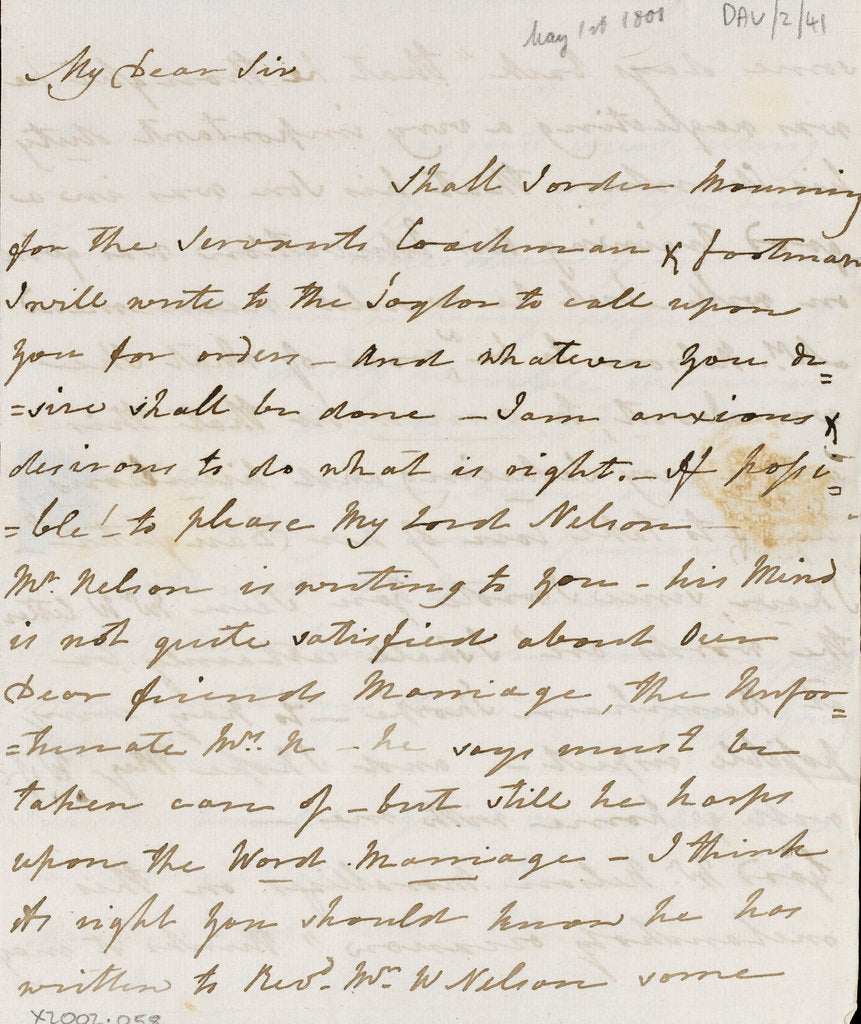 Detail of Letter from Lady Nelson to Alexander Davison, front page by Lady Frances Nelson