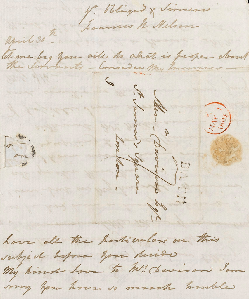 Detail of Letter from Lady Nelson to Alexander Davison, back page by Lady Frances Nelson