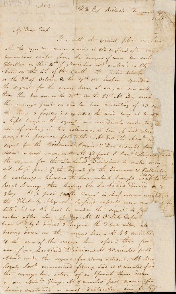 Detail of Letter from Lt Paul Nicolas of HMS 'Belleisle' with account and battle plan for Trafalgar, 1805 by Paul Nicolas