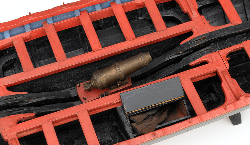 Detail of French gunboat, detail showing cannon stowed on bottom boards and box of rifles by unknown