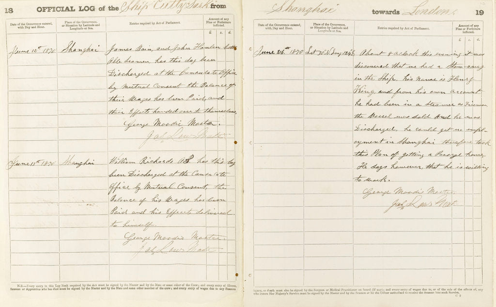 Detail of 'Cutty Sark' official logbook (1869), log of occurrences by unknown