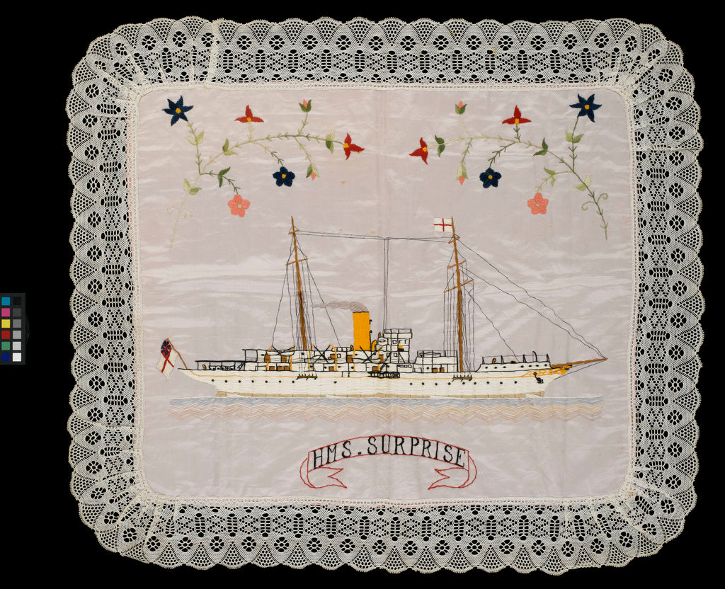 Detail of An embroidered silk cushion, showing HMS 'Surprise' by unknown