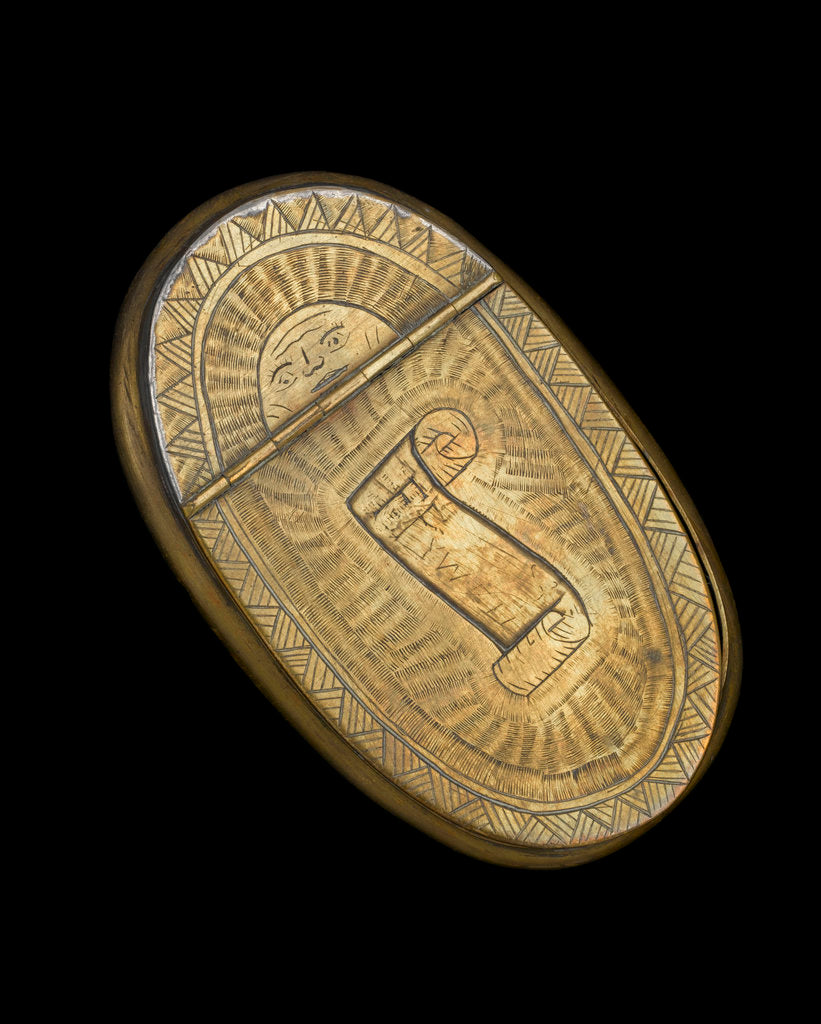 Detail of A brass tobacco box, made in a curved shape to fit the pocket by Frank Pywell
