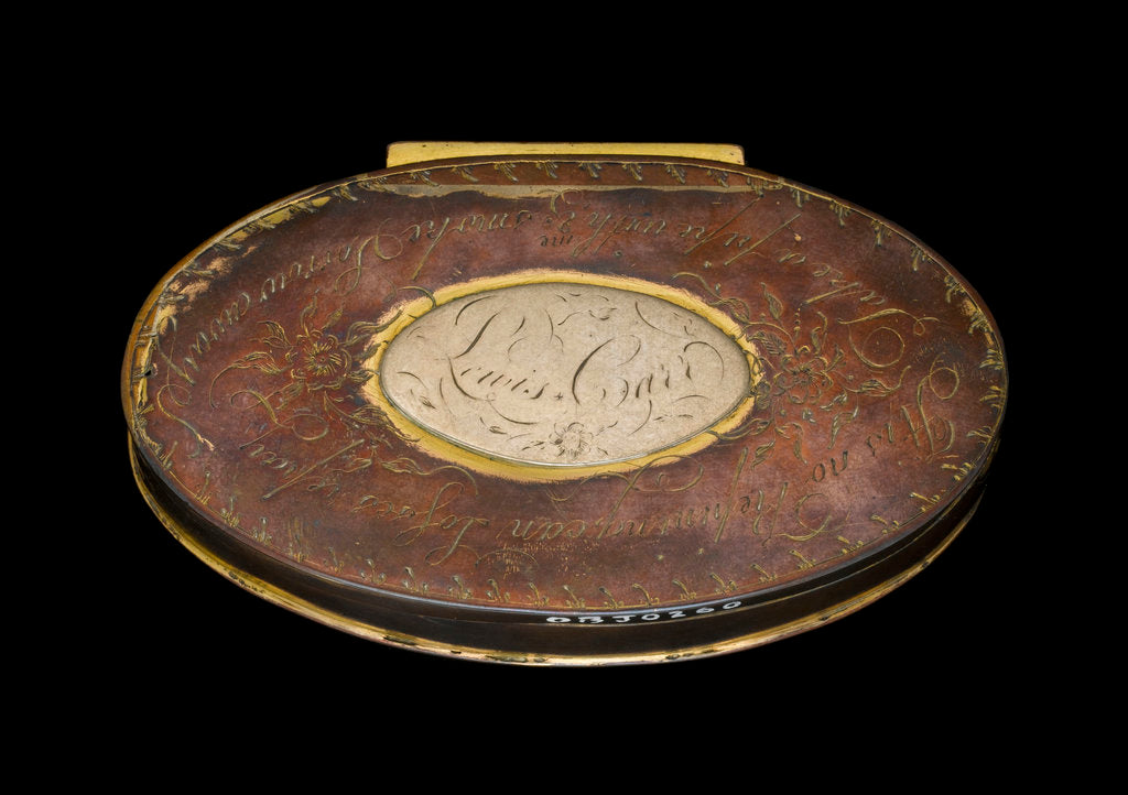 Detail of A tobacco box in copper, originally gilt,  engraved with roses by unknown