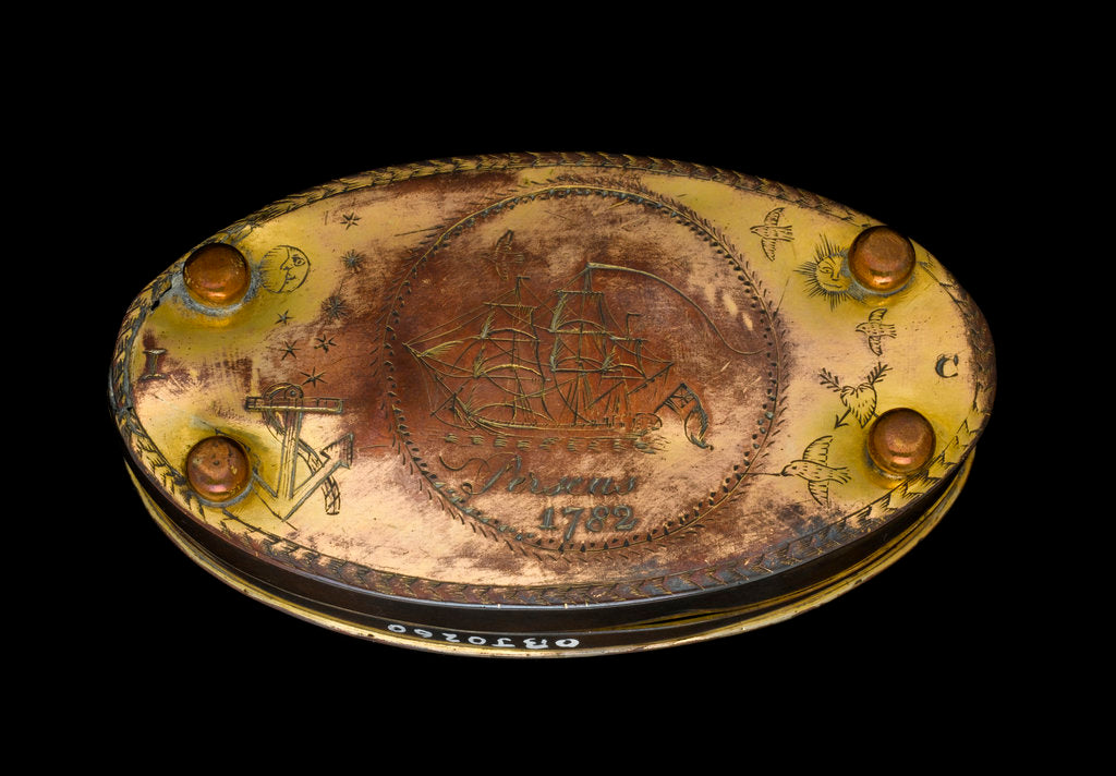 Detail of A tobacco box in copper, originally gilt, engraved with roses by unknown