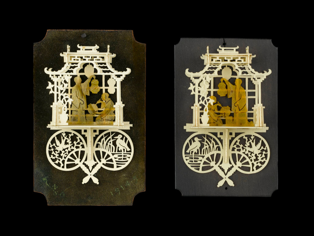 Detail of A pair of bonework plaques depicting fretwork Chinese pavilions by Ernest Edwin Russell