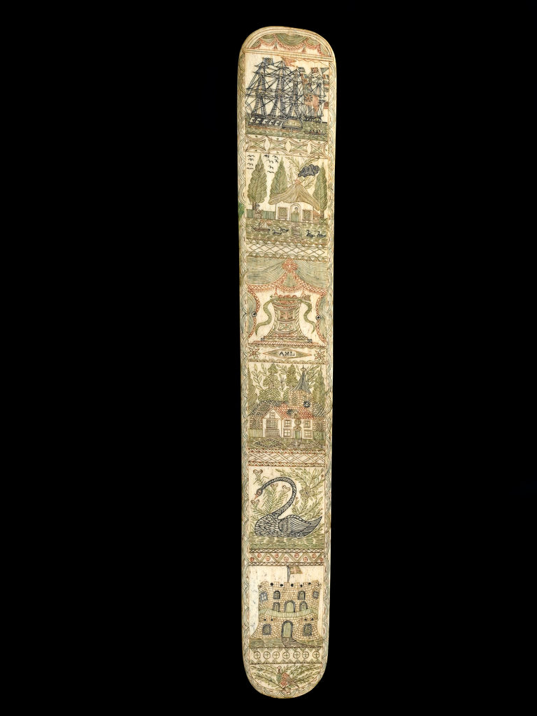 Detail of A scrimshaw staybusk made of whalebone by unknown
