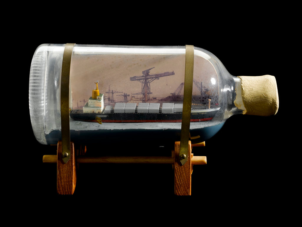 Detail of A bottle containing a model ship by unknown