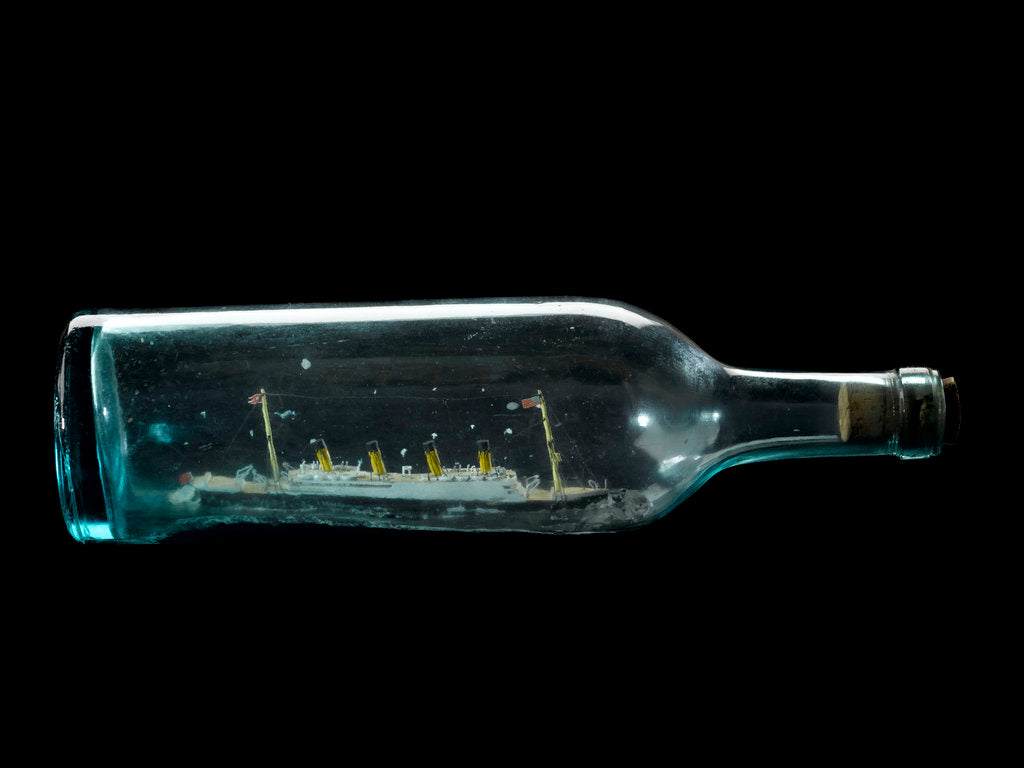Detail of A model of the liner 'Titanic' (1912) in a blue-tinted, glass bottle by E.P.de Groot