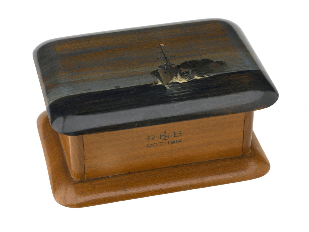 Detail of Wooden box lined with grey silk by Royal Naval Brigade personnel