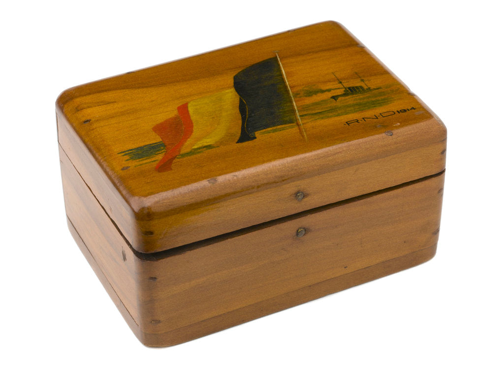 Detail of Wooden box lined with grey silk by Royal Naval Division sailor