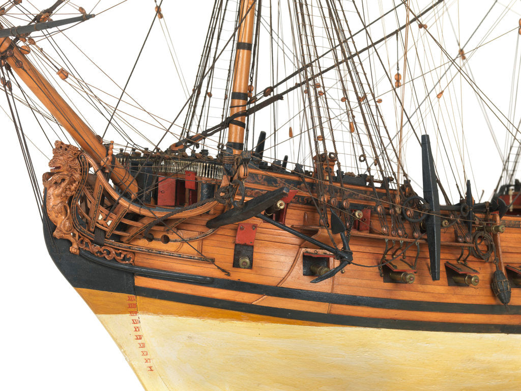 Detail of Ship of 60 guns, figurehead, anchors and cannons detail by unknown