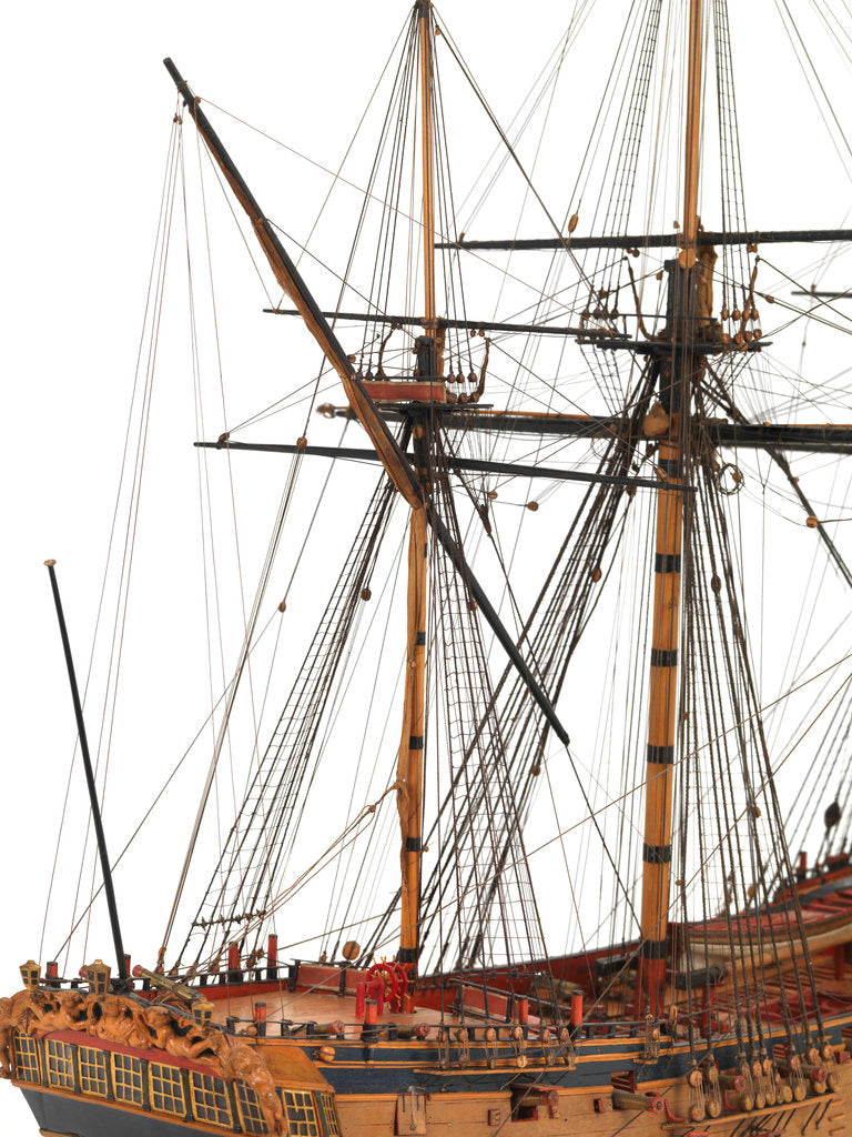 Detail of Ship of 24 guns, mizzen mast and stern carving detail by unknown