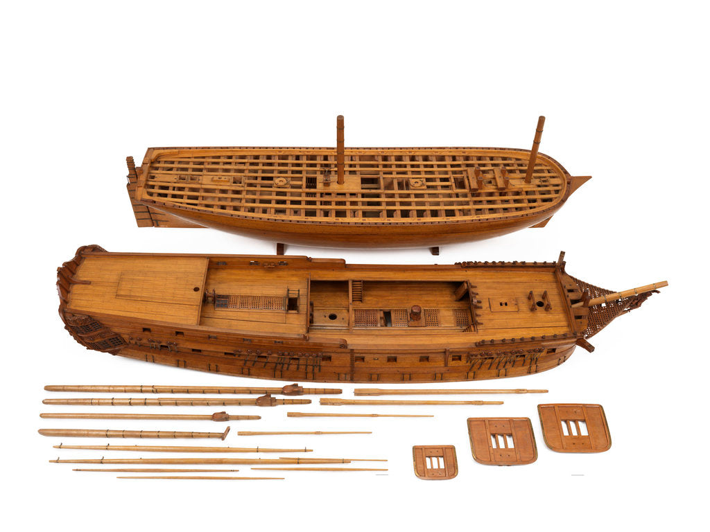 Detail of A contemporary dividing full hull model of the 'Washington' (1797), a Dutch 74-gun, two-decker ship of the line by unknown