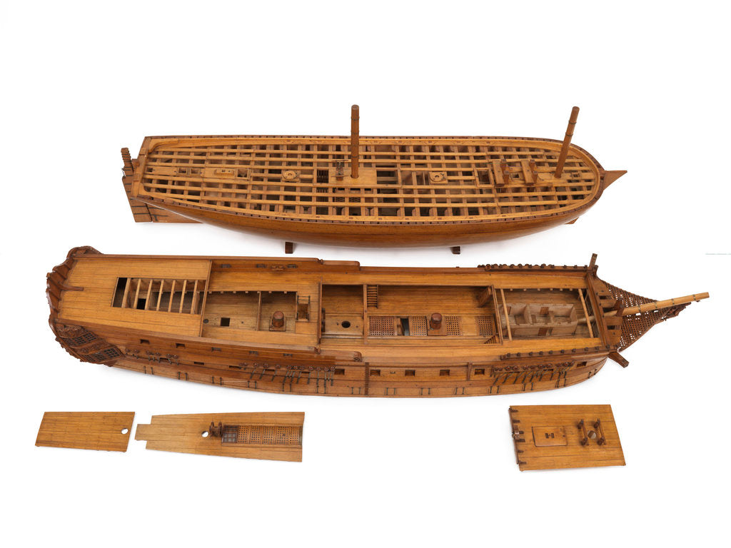 Detail of A contemporary dividing full hull model of the 'Washington' (1797), a Dutch 74-gun, two-decker ship of the line by unknown