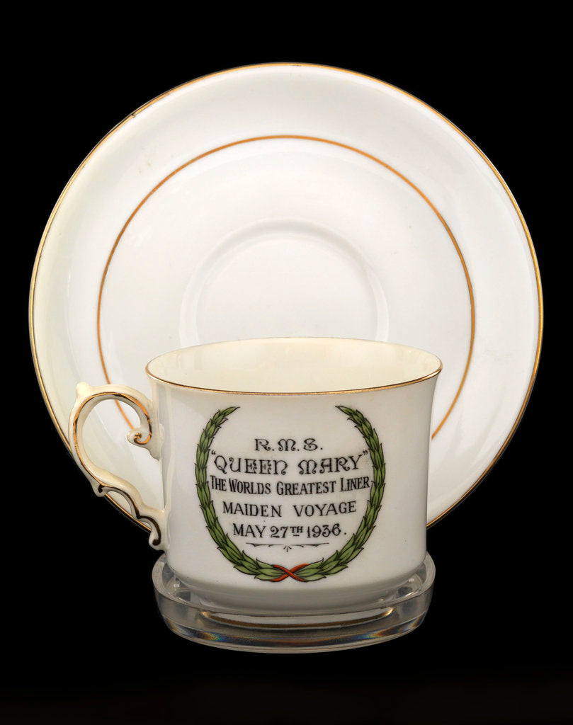 Detail of Cup and saucer commemorating the maiden voyage of  RMS 'Queen Mary' by John Aynsley & Sons Ltd.